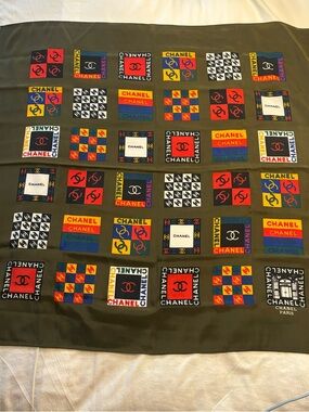 CHANEL Olive Green Scarf with Black and White Logo Panel